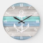 blue white beach wood nautical stripes anchor large clock