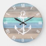 rustic beach wood nautical stripes anchor large clock