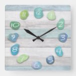 sea glass beach driftwood ocean square wall clock