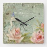 summer at the cottage roses bicycle butterfly bees square wall clock