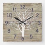 weathered driftwood with tree artwork square wall clock