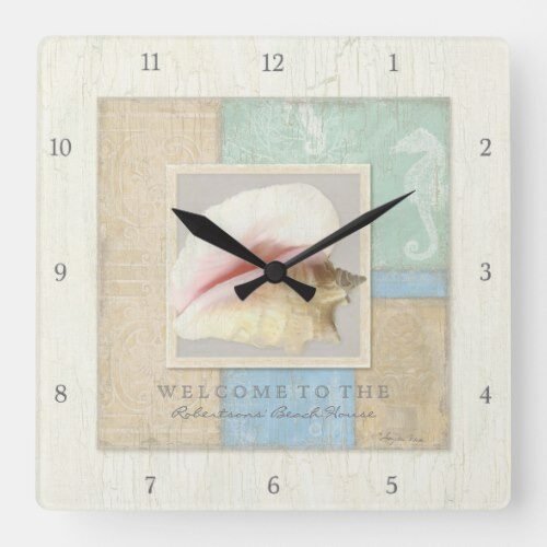 Beach Seashore Ocean Welcome Guest Wooden Boards Square Wall Clock