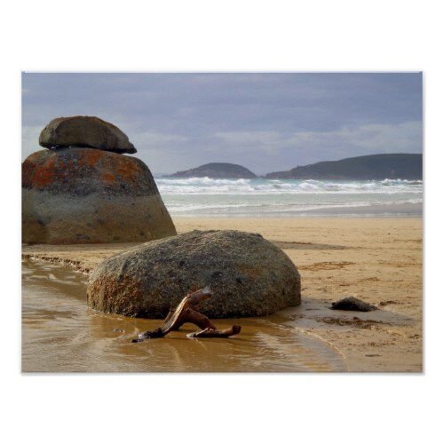 Balanced Rocks and Driftwood on Australian Beach Poster