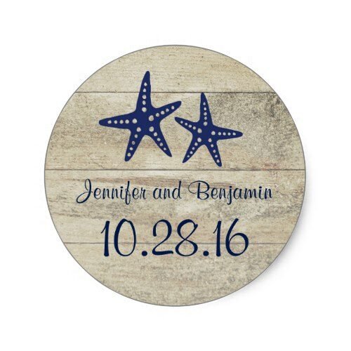 Rustic Driftwood Nautical Beach Navy Starfish Classic Round Sticker