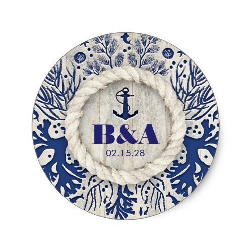 Navy Nautical Rustic Beach Driftwood Wedding Classic Round Sticker