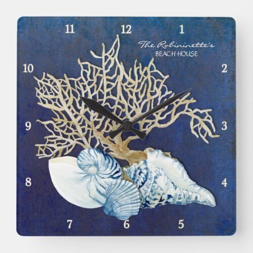 Indigo Ocean Crab Seashells Nautical Beach House Square Wall Clock