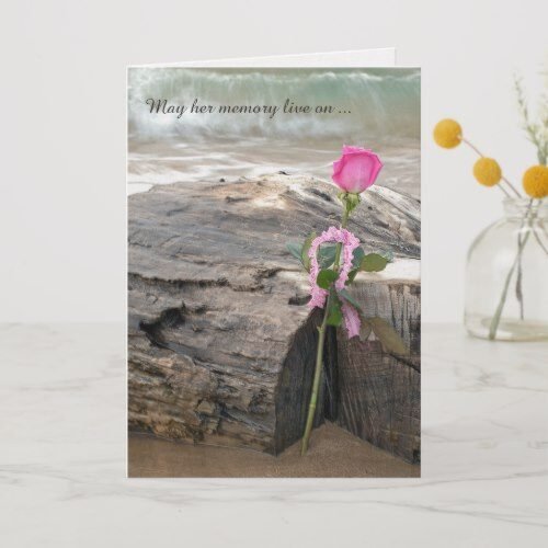 sympathy pink rose on driftwood with waves card