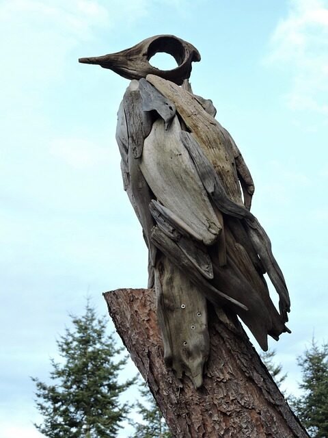 heron, driftwood, art