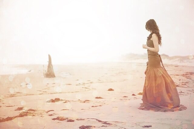 woman, beach, mirage