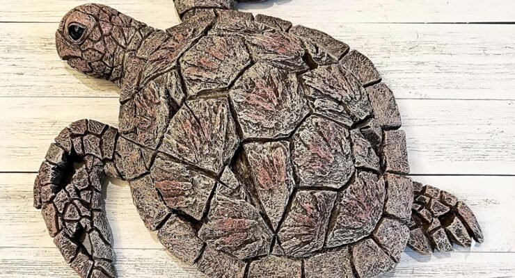 sea turtle decorative art sculpture rustic driftwood finish nautical ocean beach coastal decor table top or wall mount 1