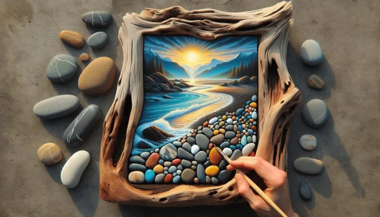 pebble art on driftwood