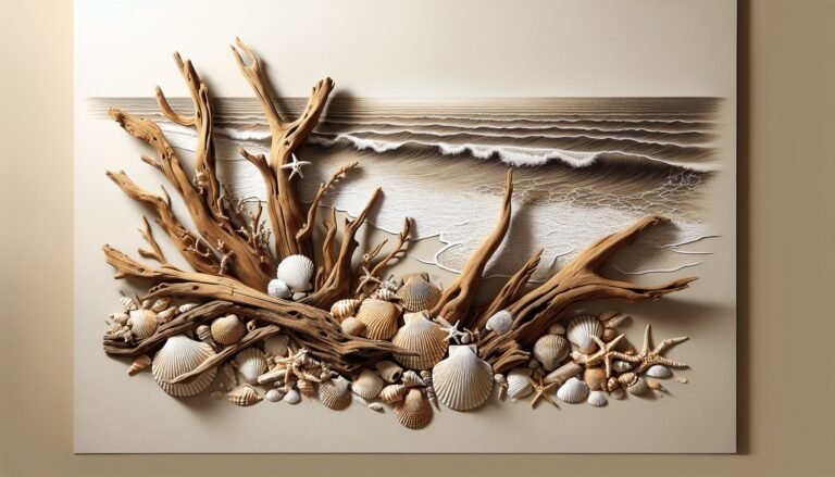 driftwood art with shells 1