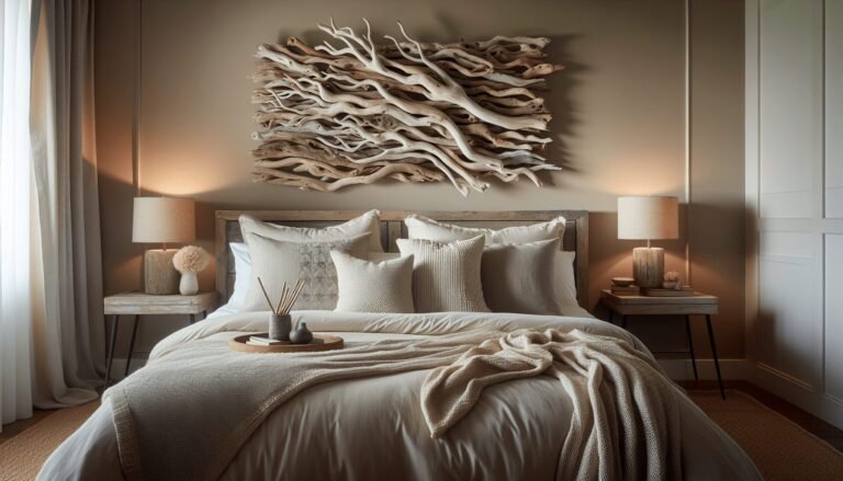 driftwood wall art above bed 1