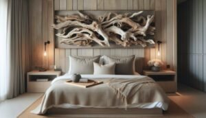 driftwood decor above bed