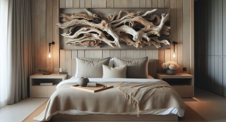 driftwood decor above bed