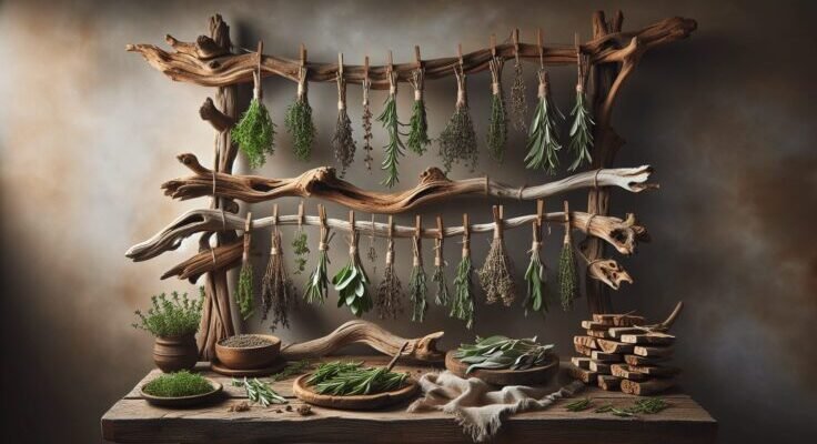 driftwood herb drying rack 1