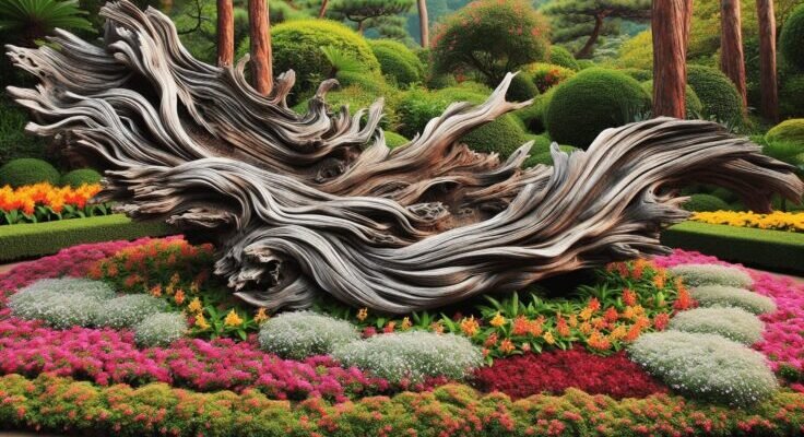 driftwood in flower beds 1