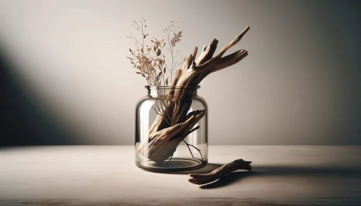 driftwood in glass jar