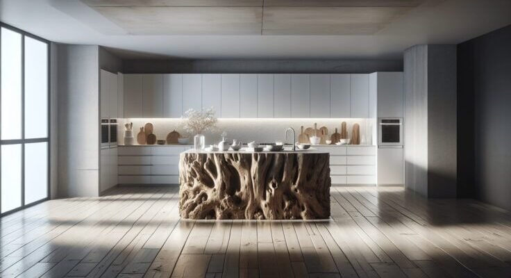 white kitchen with driftwood island 1