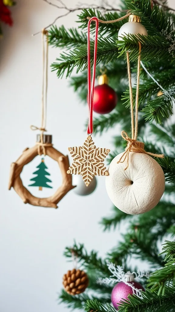 Driftwood Christmas ornaments hanging on a tree
