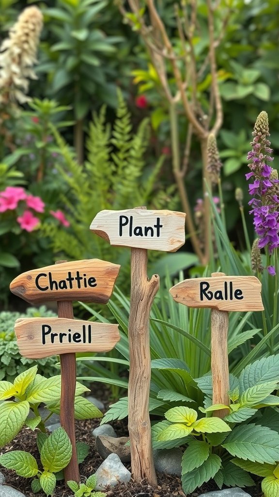 Driftwood garden markers with names for plants