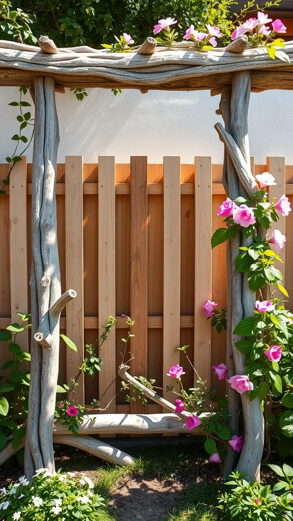 A rustic driftwood garden trellis adorned with flowers and greenery.