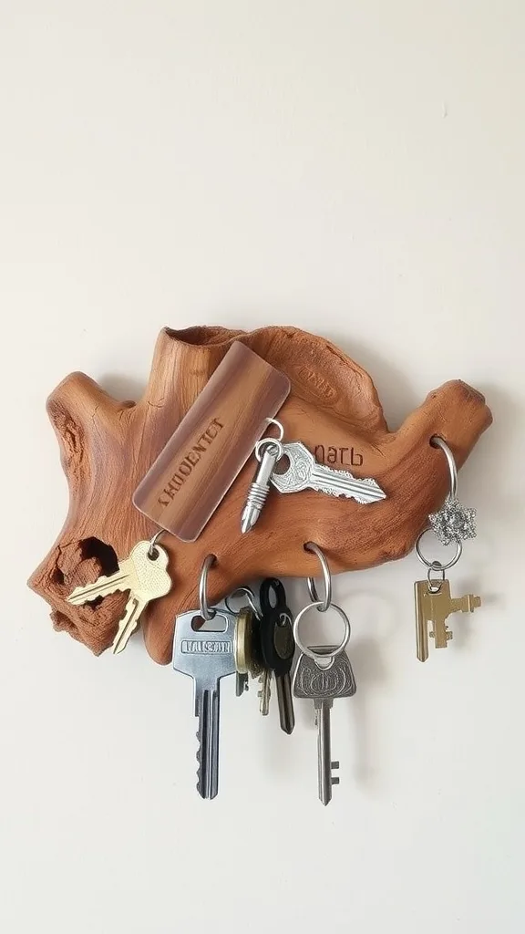 A beautifully crafted driftwood key holder with several keys hanging from it.