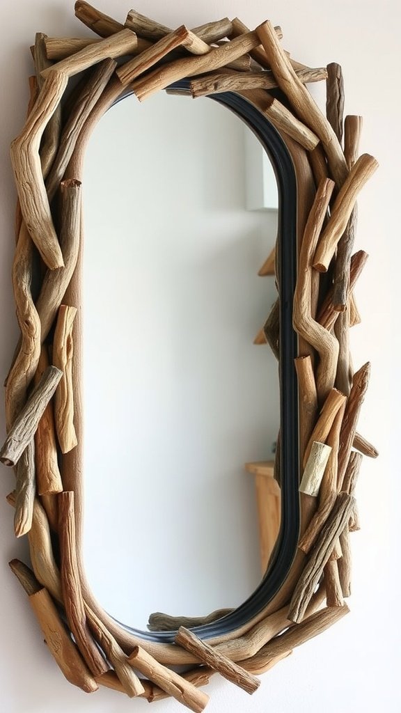 A mirror framed with various pieces of driftwood