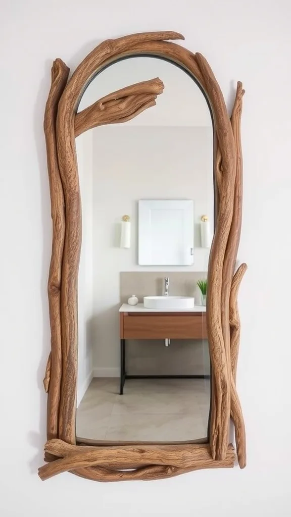 A mirror framed with rustic driftwood, showcasing a natural design.