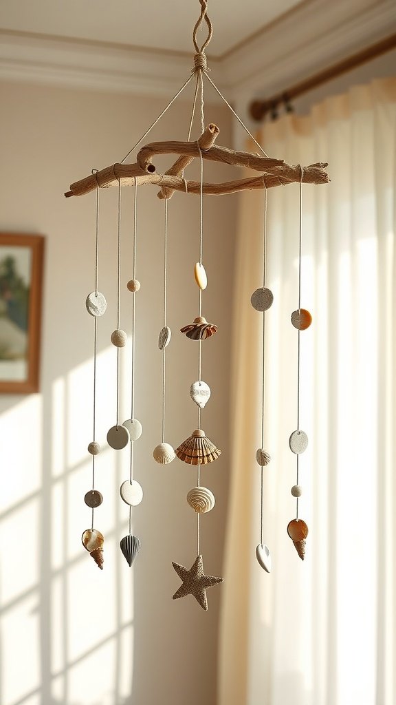 A driftwood mobile hanging decor featuring various seashells and stones.