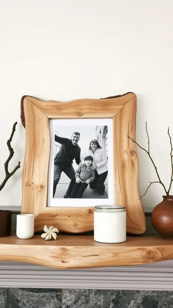 A driftwood picture frame displaying a black and white photo on a mantelpiece.