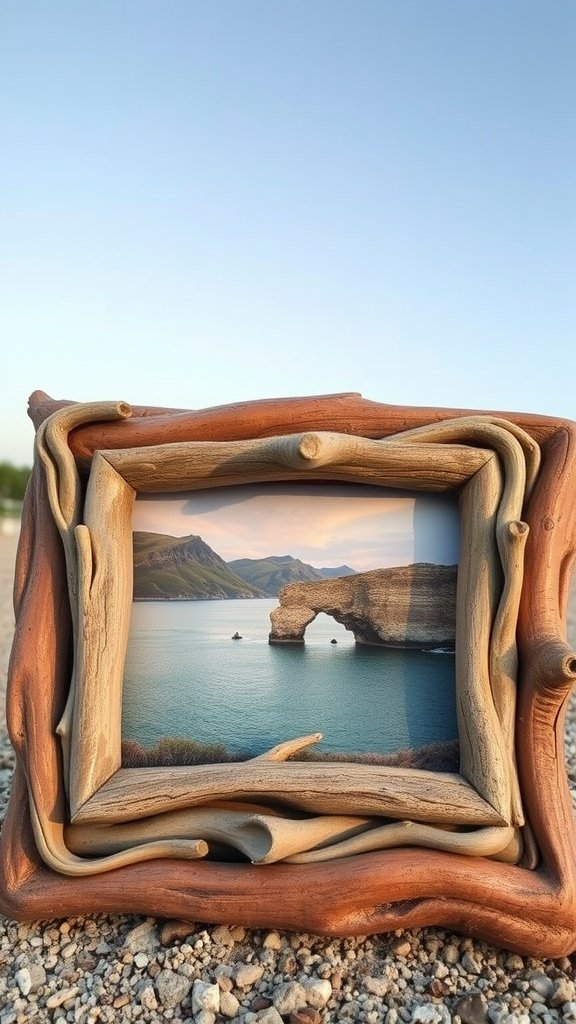 A driftwood picture frame showcasing a scenic view.