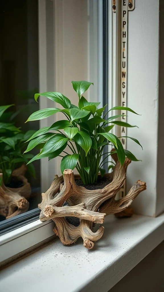 A driftwood plant holder with a green plant on a windowsill.