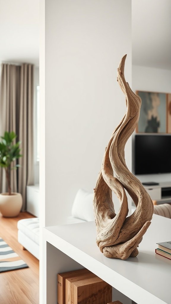 A beautifully crafted driftwood sculpture on a modern white shelf in a cozy living room.
