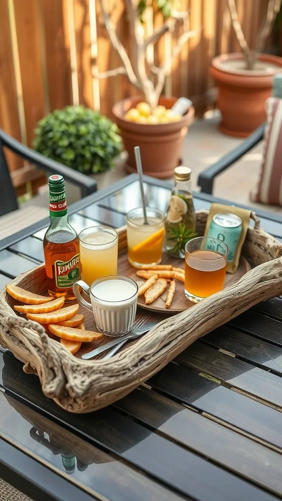A rustic driftwood serving tray filled with drinks and snacks on a table.