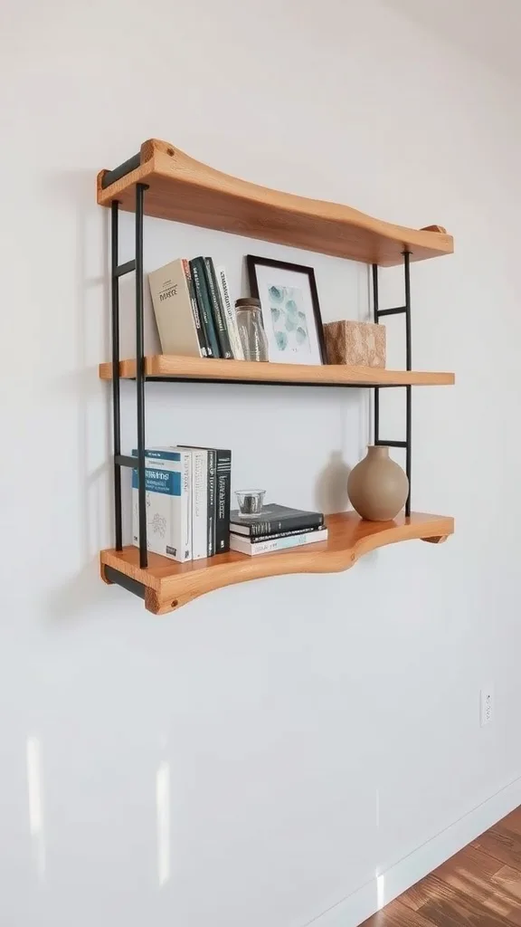 A stylish driftwood shelf with books and decorative items