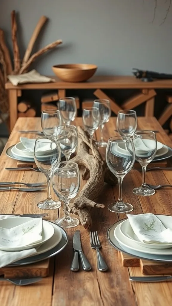 Driftwood centerpiece on a dining table with plates and glasses