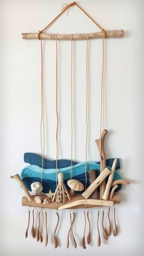 Driftwood wall art featuring natural wood pieces and colorful fabric waves.
