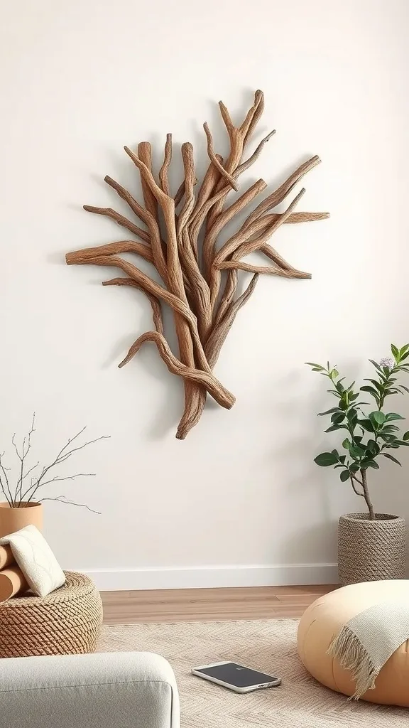 Driftwood wall art displayed in a modern living room setting