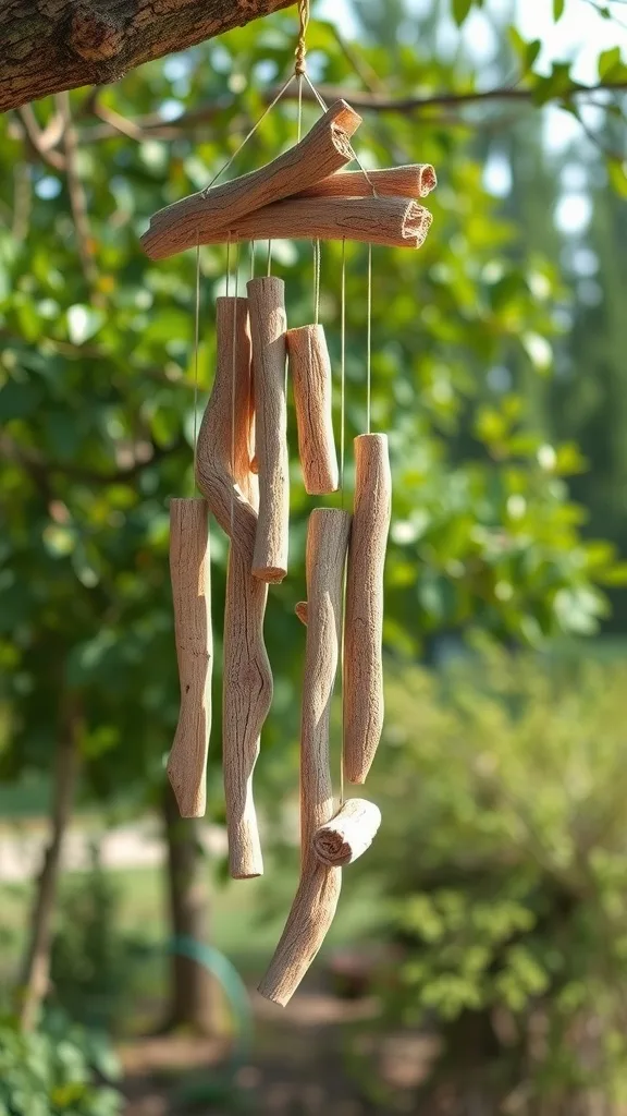 Driftwood wind chimes hanging from a tree
