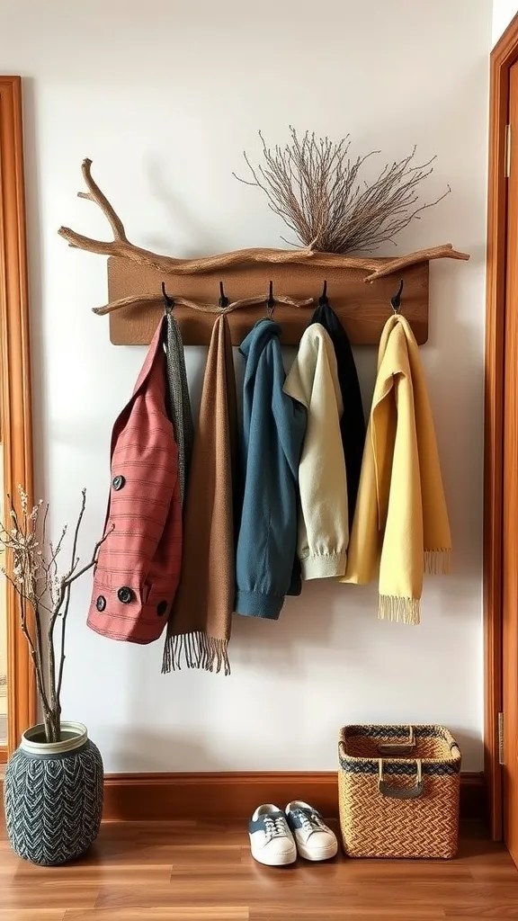 Driftwood coat rack with colorful jackets hanging