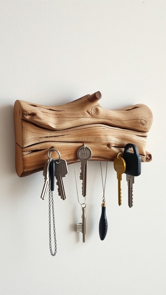 A driftwood key holder with several keys hanging from it.