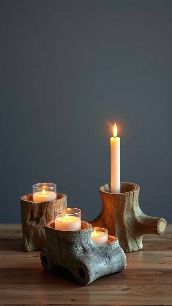 Three rustic driftwood candle holders with candles.