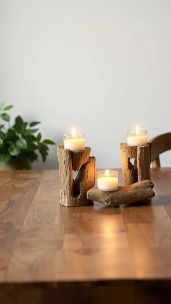 Rustic driftwood candle holders on a wooden table with lit candles