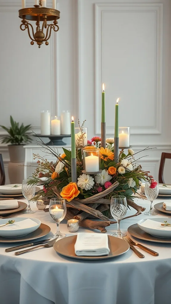 A beautifully arranged driftwood centerpiece with candles and flowers on a dining table.