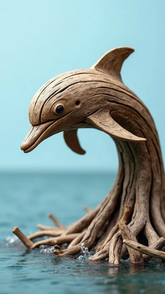 dolphin surfacing near driftwood