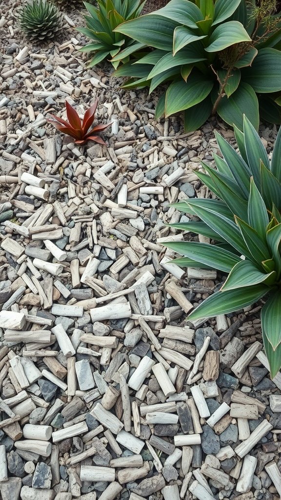 A garden area featuring driftwood mulch and various plants, showcasing a natural aesthetic.
