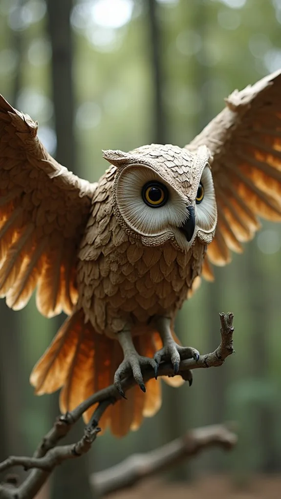 driftwood owl soaring gracefully
