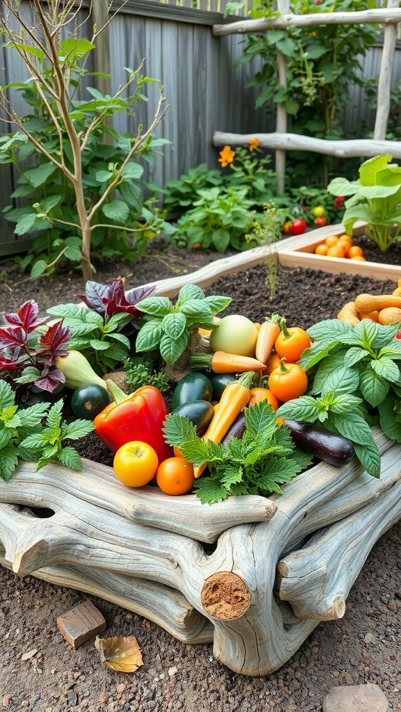 A driftwood raised garden bed filled with various vegetables like peppers and tomatoes