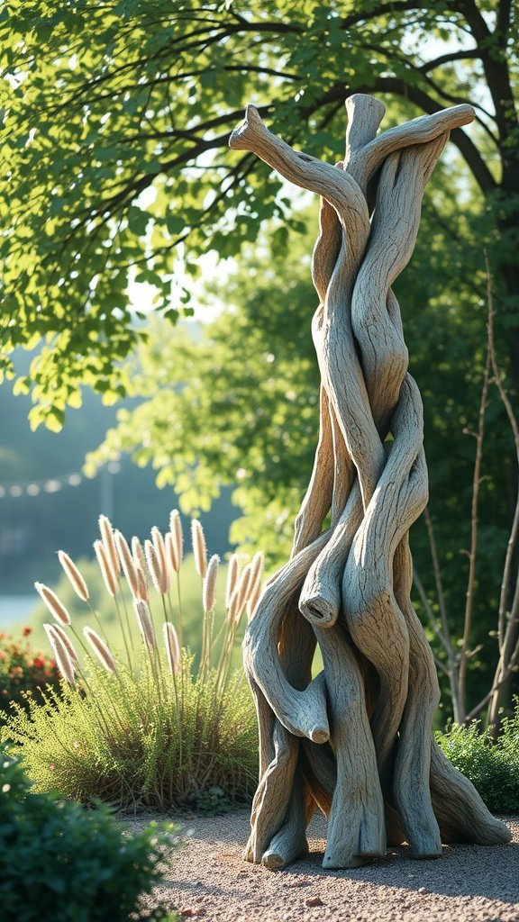 A tall driftwood sculpture surrounded by greenery and ornamental grasses in a garden.